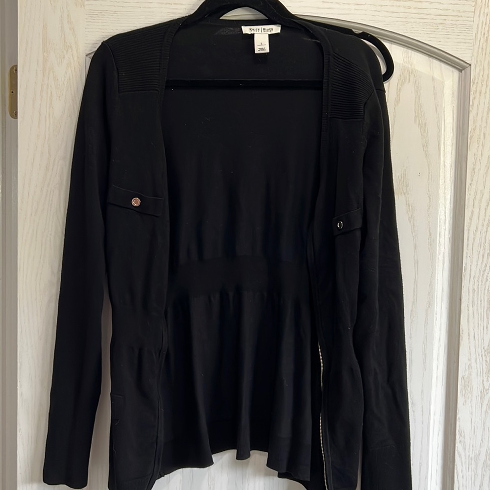 White House Black Market Full Zip Sweater L Large Black Ribbed Cinch Waist Scoop